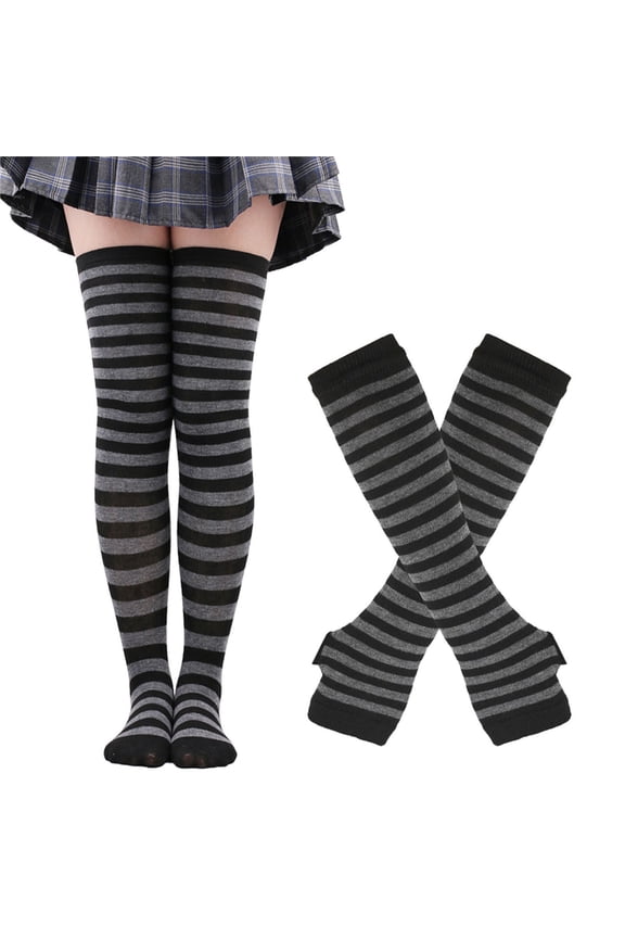 Women's Christmas Arm Warmers Leg Warmers Striped Thigh High Socks Fingerless Gloves Stockings Grey