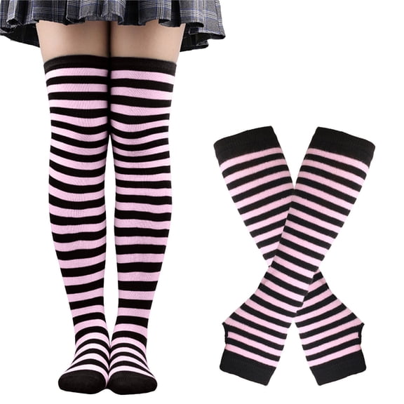 IWRICH Women's Christmas Arm Warmers Leg Warmers Striped Thigh High Socks Fingerless Gloves Stockings Pink