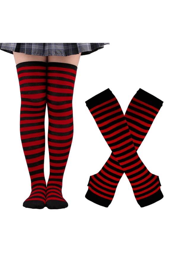 Women's Christmas Arm Warmers Leg Warmers Striped Thigh High Socks Fingerless Gloves Stockings Red