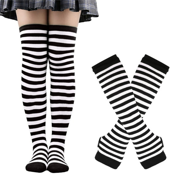IWRICH Women's Christmas Arm Warmers Leg Warmers Striped Thigh High Socks Fingerless Gloves Stockings White