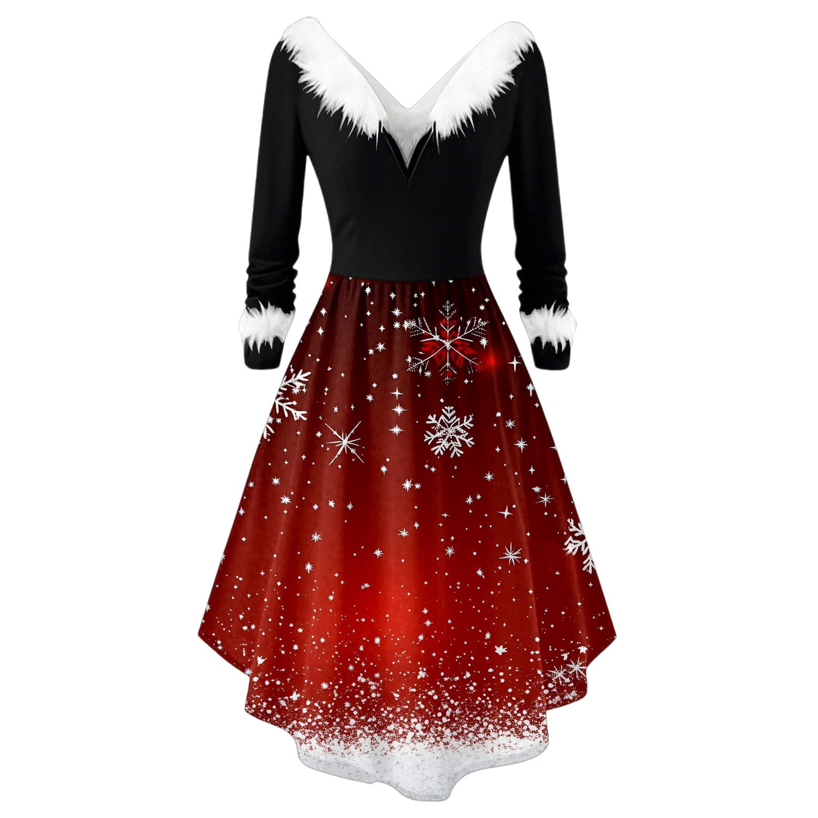 audrey hepburn christmas dress Iwrich Women's Christmas Dresses Plus Size Furry V-Neck Audrey Hepburn Swing Dress Xmas Printed Evening Prom Dresses 06-Red M, Size: Medium