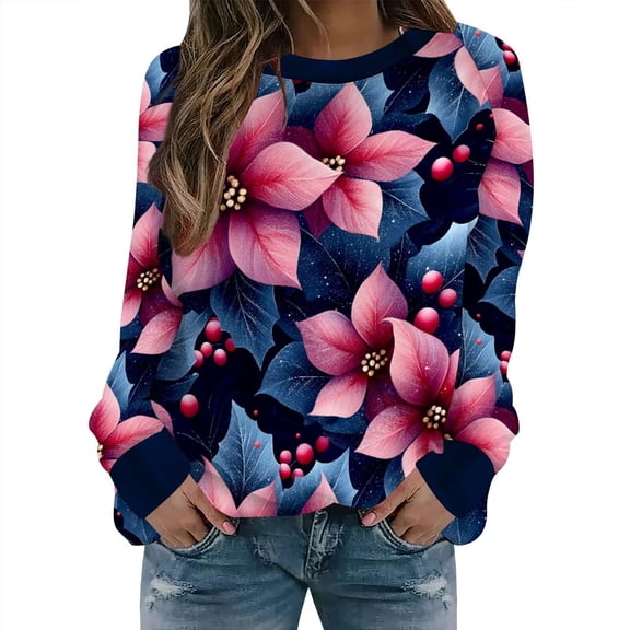 IWRICH Women's Christmas Floral Sweatshirts Funny Graphic Crewneck Pullover Tops Casual Loose Long Sleeve Tops Xmas Shirts S