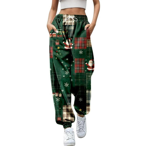 IWRICH Women's Christmas Pants Elastic Waist Baggy Bottom Sweatpants Gym Jogger Holiday Petite Trousers Dark Green M