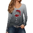 thumbnail image 1 of IWRICH Women's Christmas Red Glass Printed Tops Casual V-Neck Long Sleeve Casual T-Shirts 2025 Fall Trendy Tees Dark Gray S, 1 of 4