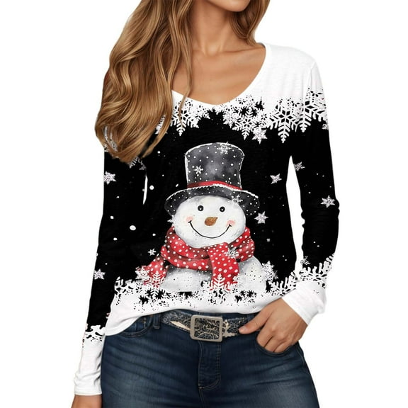IWRICH Women's Christmas Snowmen Printed Tops Casual V-Neck Long Sleeve Casual T-Shirts 2025 Fall Trendy Tees Black XL