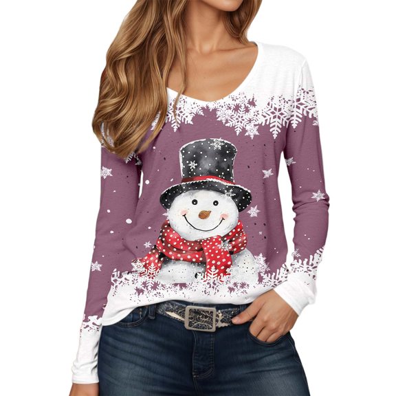 IWRICH Women's Christmas Snowmen Printed Tops Casual V-Neck Long Sleeve Casual T-Shirts 2025 Fall Trendy Tees Purple XXL