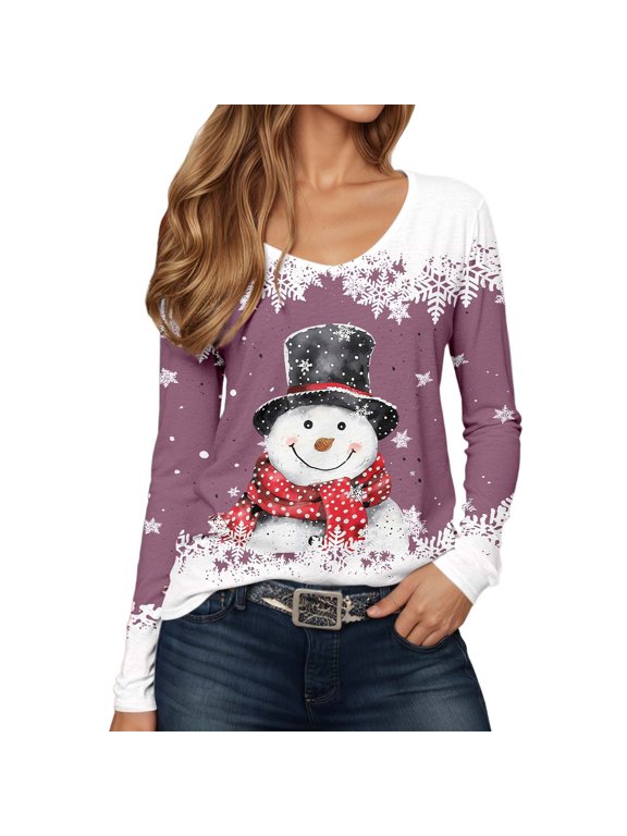 Women's Christmas Snowmen Printed Tops Casual V-Neck Long Sleeve Casual T-Shirts 2025 Fall Trendy Tees Purple XXL