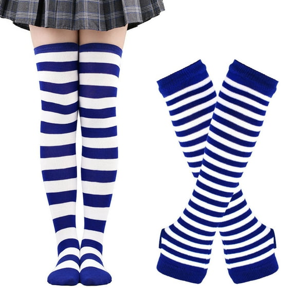 IWRICH Women's Christmas Striped Color Blocking Knee High Socks Long Knitted Arm Warmers Finger Less Gloves Sets Navy