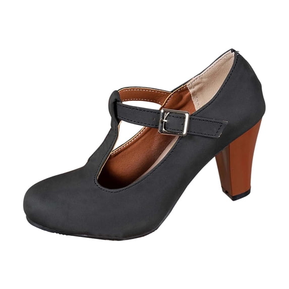 IWRICH Women's High Heel Mary Jane Shoes Round Closed Toe Ankle Buckle Strap Pumps Dressy Sandals Black 9