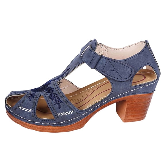 IWRICH Women's Sandals Embroiled Close Toe Heels Ankle Strap Buckled Platform Dressy Footwear Blue 8
