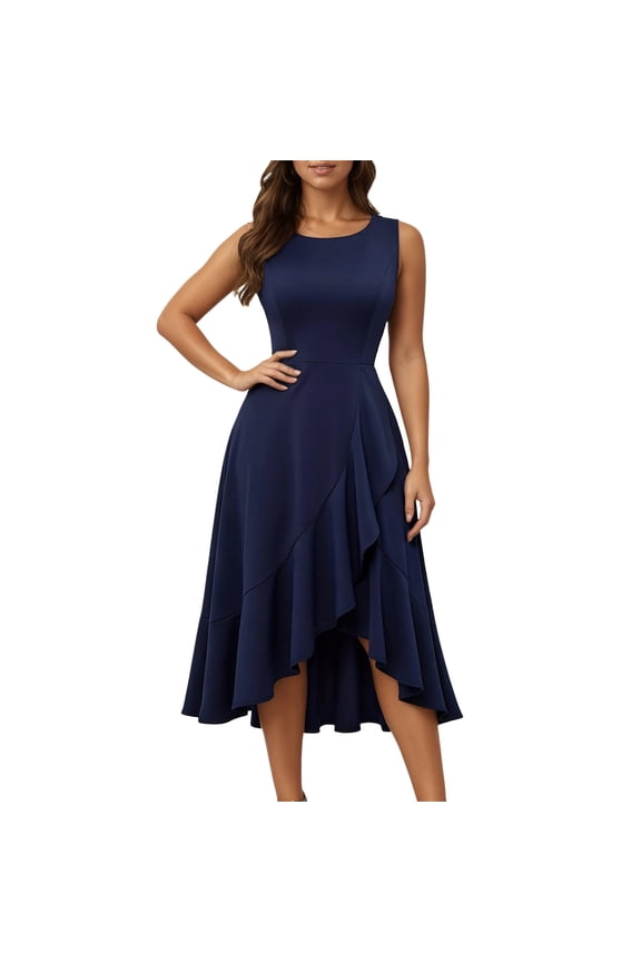 Women's Party Formal Wedding Guest Modest Prom Long High Low Evening Dress Navy S