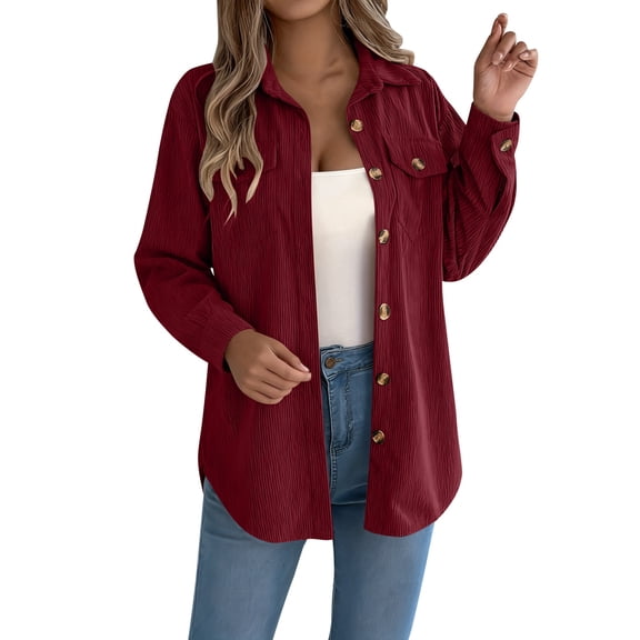 IWRICH Women's Corduroy Shacket Blouses Button down Shirts Pocket Long Sleeves Tops Jacket Coats Red M