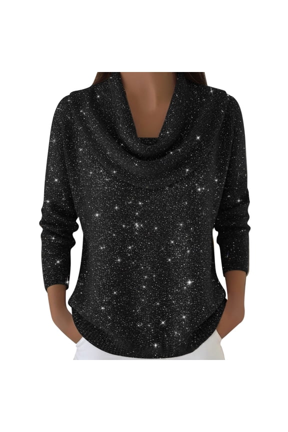 Women's Cowl Neck Sweaters Long Sleeve Loose Fit Pullover Tops Shinny Solid Color Comfy Fashion Clothes Black XXL