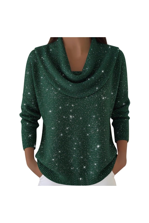 Women's Cowl Neck Sweaters Long Sleeve Loose Fit Pullover Tops Shinny Solid Color Comfy Fashion Clothes Green XL