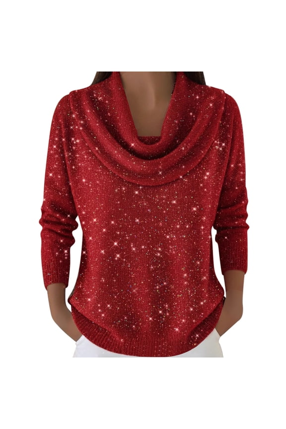 Women's Cowl Neck Sweaters Long Sleeve Loose Fit Pullover Tops Shinny Solid Color Comfy Fashion Clothes RD1 L