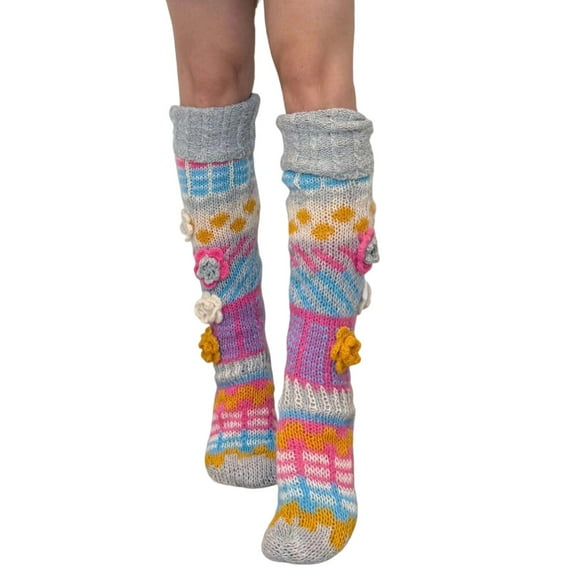 IWRICH Women's Crochet Knee High Socks 3D Flower Embroidered Knitted Stockings Colorful Leg Warmer Light Gray