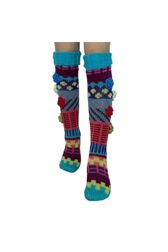 Women's Crochet Knee High Socks 3D Flower Embroidered Knitted Stockings Colorful Leg Warmer Multicolour