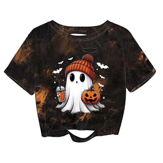 IWRICH Women's Distressed Crop Tops Halloween Ghost Pumpkin Fall Tees Short Sleeve Crew Neck Gothic T-Shirts Black XS