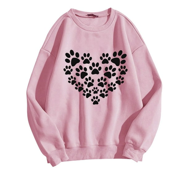 IWRICH Women's Dog Mom Sweatshirts Cute Dog Paw Print Heart Graphic Long Sleeve Crewneck Casual Tee Tops Pink L