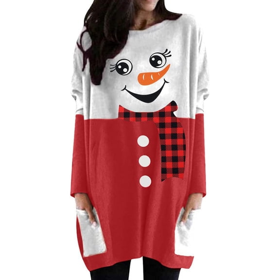 IWRICH Women's Dress Shirt Christmas Long Sleeve Tops Santa Printed Pullover Loose Plus Size T-Shirt Blouse with Pockets Red S