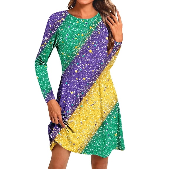 IWRICH Women's Dress for Mardi Gras Carnival Theme Party Dress Crew Neck Long Sleeve T Shirt Dress 01-Purple XXXXL
