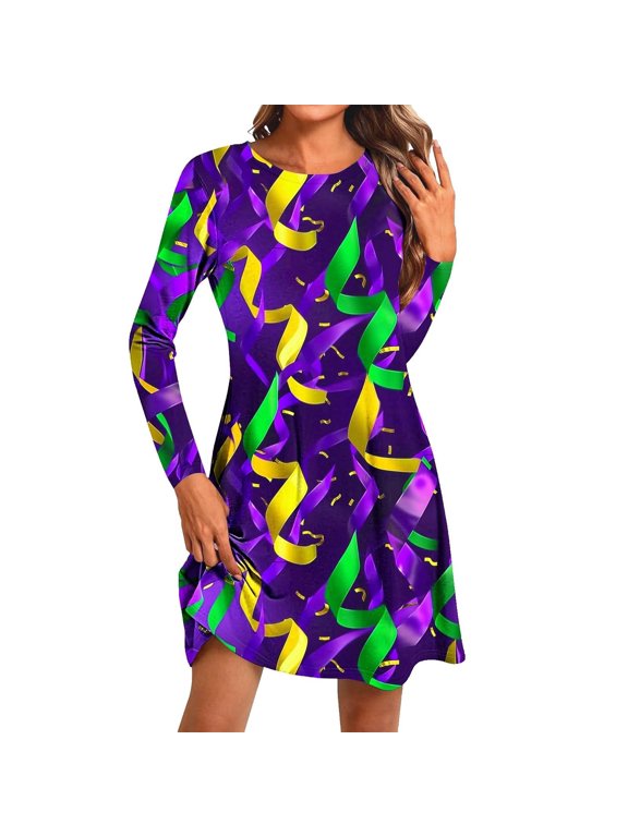 Women's Dress for Mardi Gras Carnival Theme Party Dress Crew Neck Long Sleeve T Shirt Dress 03-Dark Purple M