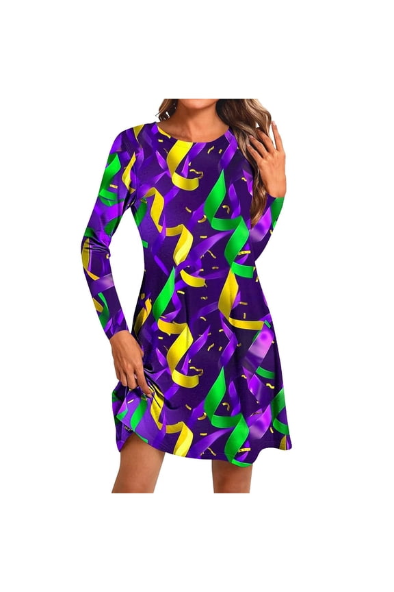 Women's Dress for Mardi Gras Carnival Theme Party Dress Crew Neck Long Sleeve T Shirt Dress 03-Dark Purple S