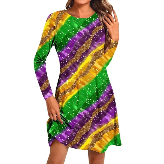 IWRICH Women's Dress for Mardi Gras Carnival Theme Party Dress Crew Neck Long Sleeve T Shirt Dress 04-Yellow M