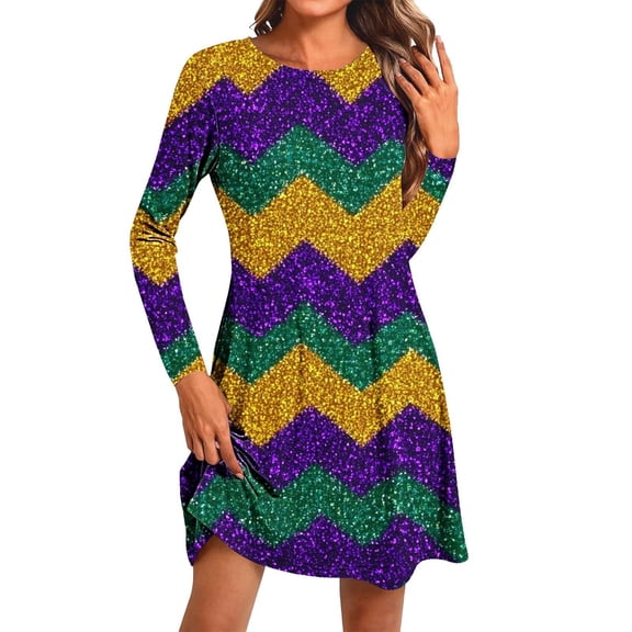 IWRICH Women's Dress for Mardi Gras Carnival Theme Party Dress Crew Neck Long Sleeve T Shirt Dress 07-Purple S