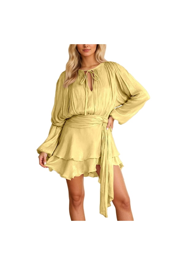 Women's Elegant 2 Piece Skirt Sets Long Sleeves Crew Neck Dress Top and Mini Bodycon Shorts Summer Party Sets Yellow XL