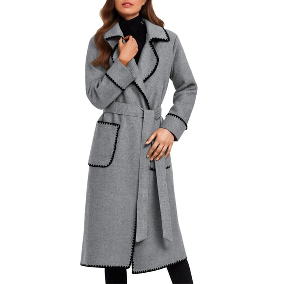 IWRICH Women's Elegant Wool Blend Lapel Collar Bow-Tie Belt Midi Long Trench Coat Jacket Grey S