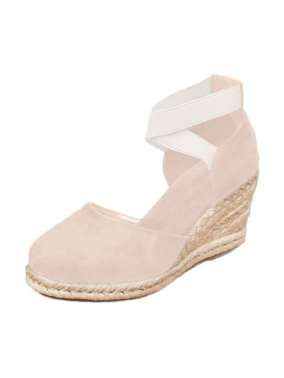 Women's Espadrilles Wedges Sandals Fashion Closed Toe Platform Sandals Cross Elastic Strap on Shoes for Walking Summer Travel Beige 5
