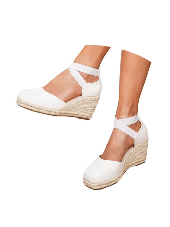 Women's Espadrilles Wedges Sandals Fashion Squared Closed Toe Platform Sandals Cross Elastic Strap on Shoes Comfort for Walking Summer Travel White 7