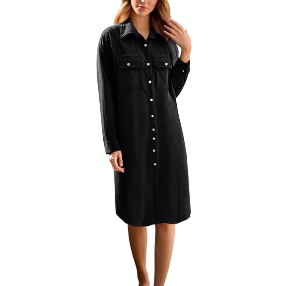 IWRICH Women's Fall Corduroy Button down Shirt Dress Casual Lapel a Line Pleated Tunic Shift Midi Long Dress Black XXXL