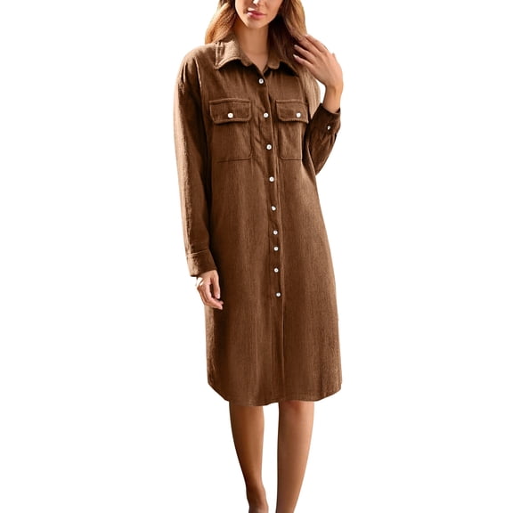 IWRICH Women's Fall Corduroy Button down Shirt Dress Casual Lapel a Line Pleated Tunic Shift Midi Long Dress Brown XXXL