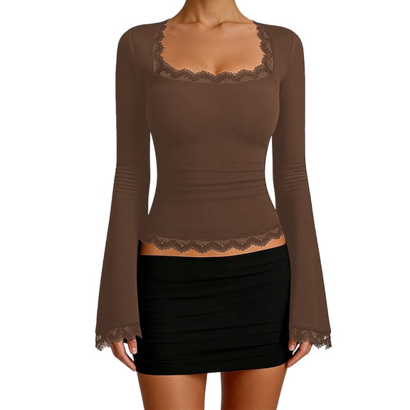 IWRICH Women's Fall Fashion Square Neck Lace Trim Long Bell Sleeves Shirts Casual Slim Fit Tops Coffee S