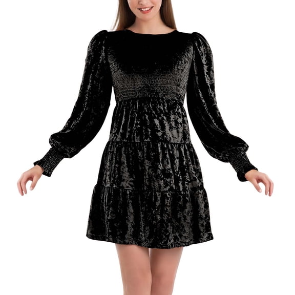 IWRICH Women's Fall Winter Crushed Velvet Dress Long Sleeve Crew Neck Elastic Smocked A-Line Tiered Ruffle Mini Dress Black XXL
