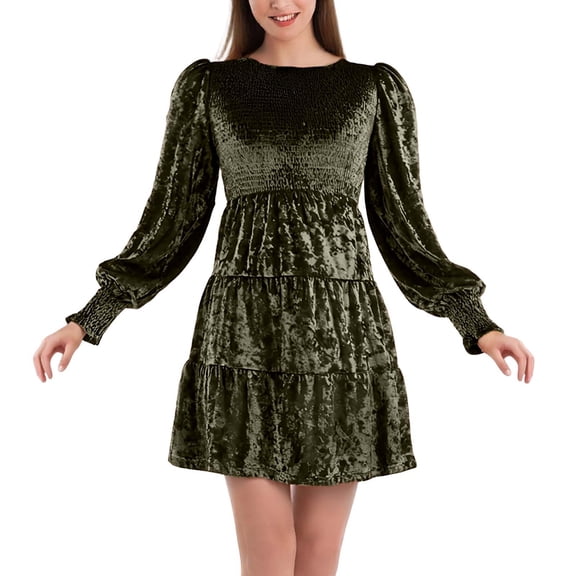 IWRICH Women's Fall Winter Crushed Velvet Dress Long Sleeve Crew Neck Elastic Smocked A-Line Tiered Ruffle Mini Dress Green XXL