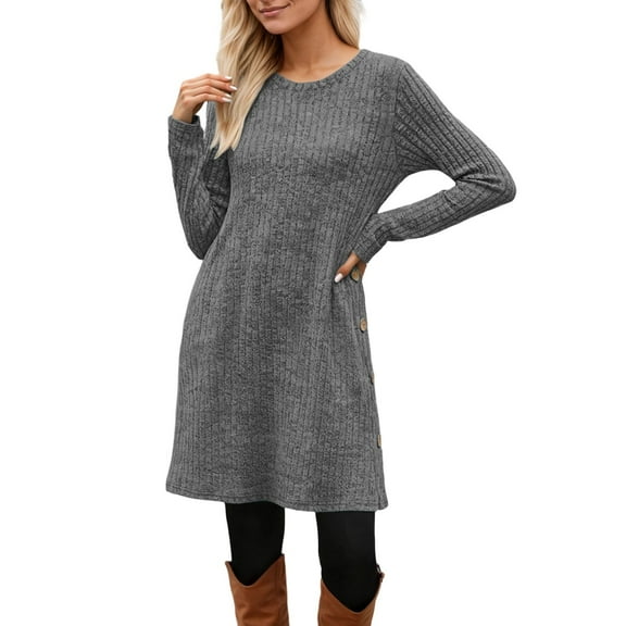 IWRICH Women's Fall and Winter Tunic Dress with Pockets Long Sleeve Crew Neck Buttons Side Grey XL