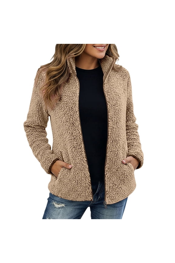 Women's Fashion Shearling Shaggy Full Zip Coats Warm Winter Jackets with Pocket Khaki S