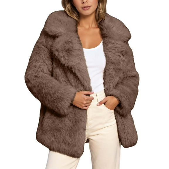 IWRICH Women's Fluffy Jacket Long Sleeve Lapel Furry Winter Jackets Shaggy Parka Short Coat Coffee XL