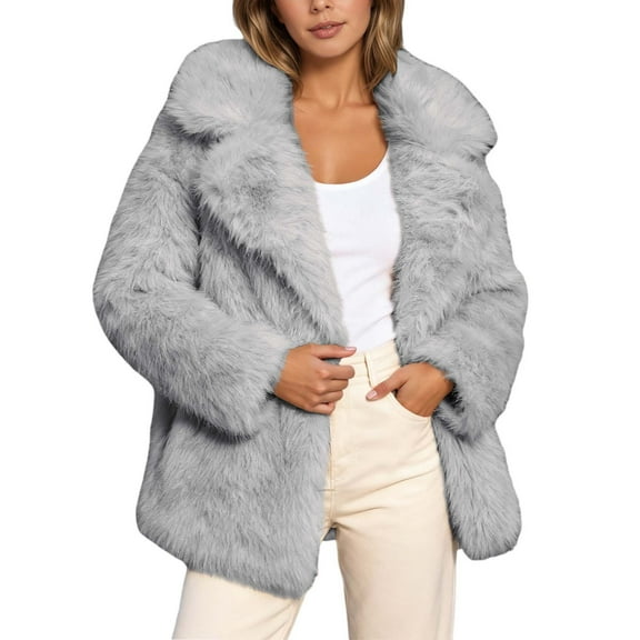IWRICH Women's Fluffy Jacket Long Sleeve Lapel Furry Winter Jackets Shaggy Parka Short Coat Grey L