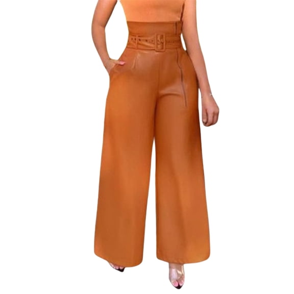 IWRICH Women's Leather Wide Leg Pants High Waist Side Zipper Baggy PU Leather Pants Party Club Trousers with Belt Yellow XL
