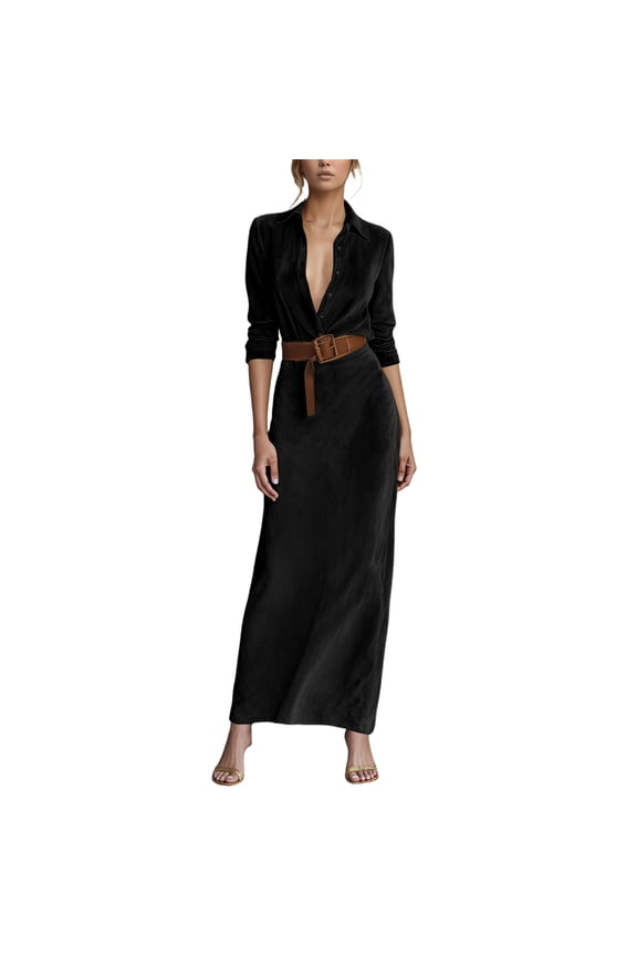 Women's Suede Leather Dress Fall Long Sleeve Lapel Button Maxi Shirt Dress with Belt Black M