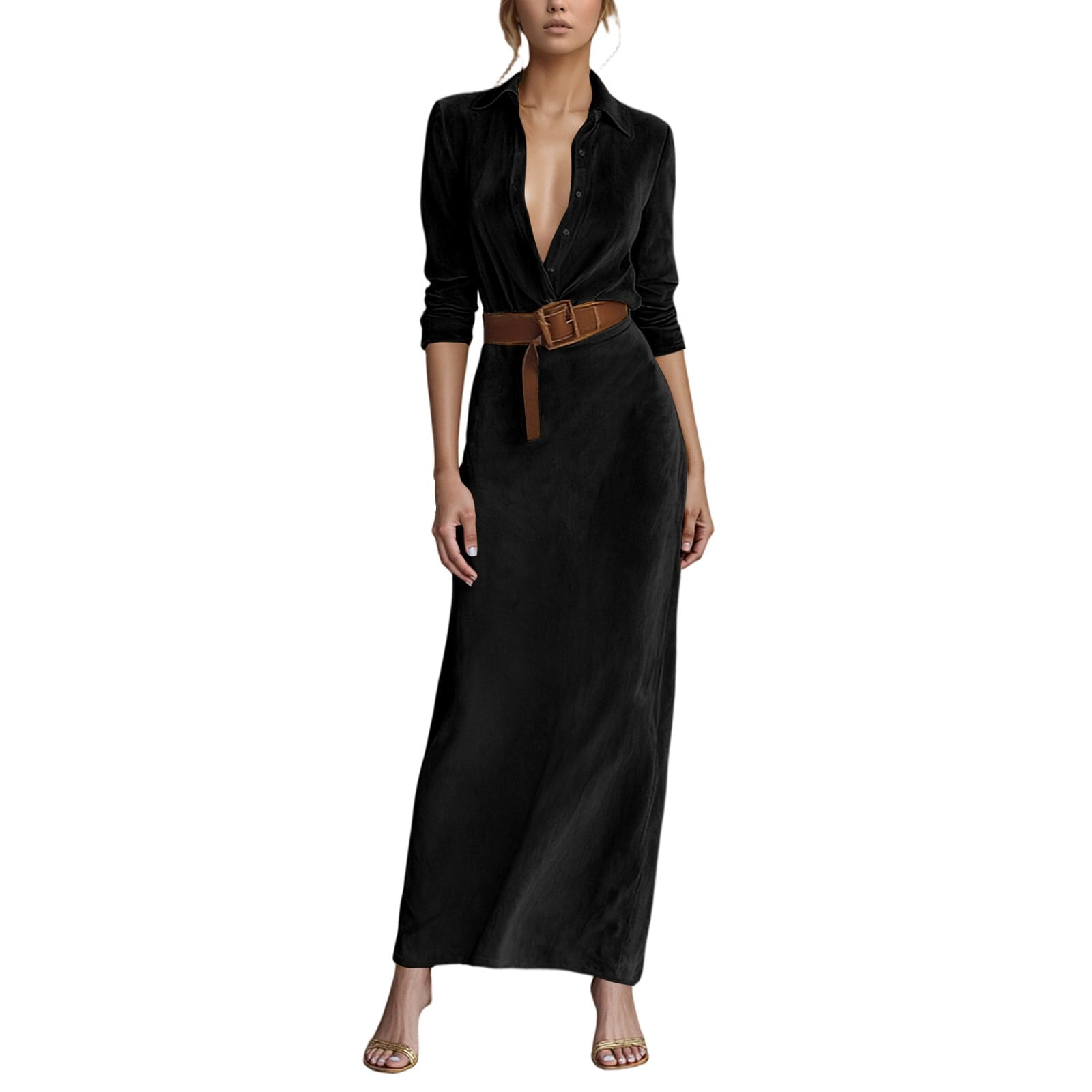 leather dress women long sleeve Handmade Lambskin Leather Dress: Long Sleeve V-neck Slit Gown
