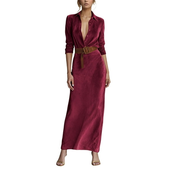 IWRICH Women's Suede Leather Dress Fall Long Sleeve Lapel Button Maxi Shirt Dress with Belt L