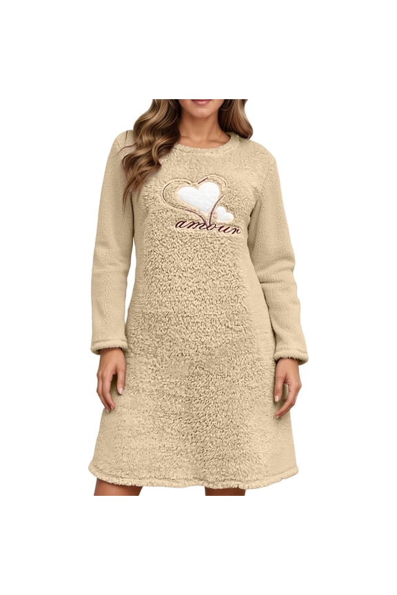 Women's Flannel Warm Nightgown Long Sleeve Crew Neck Winter Homewear Sleepwear Cute Print Nightdress Yellow L