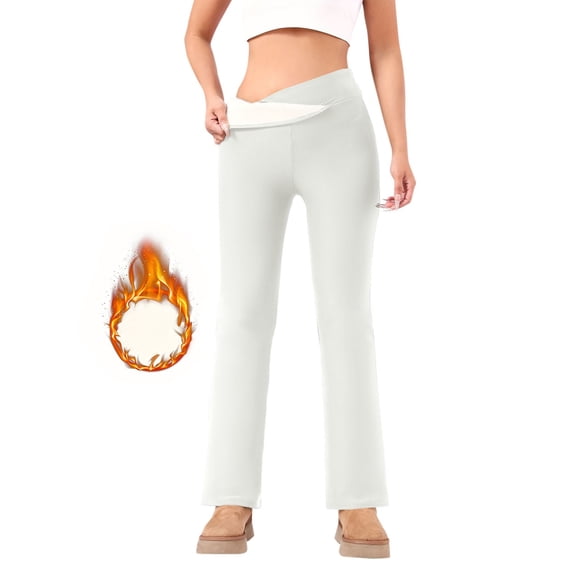 IWRICH Women's Flare Leg Lined Pants with Pockets Crossover High Waisted Bootcut Yoga Leggings Flare Workout Gym Leggings White XL