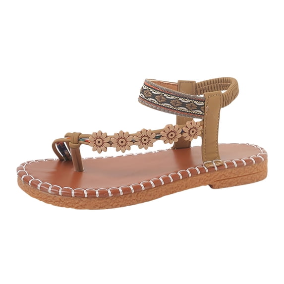 IWRICH Women's Flat Sandals Dressy Summer Bohemian Flip Flops Elastic Ankle Strap Beach Sandal for Walking Travel Khaki 9.5