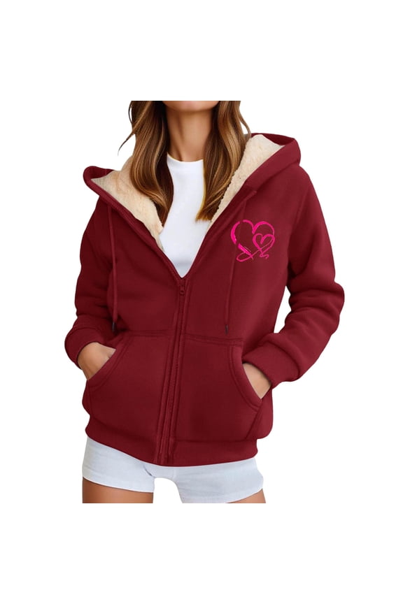 Women's Lined Zip up Hoodie Thermal Warm Sherpa Pullover Sweatshirts Love Heart Printed Sweaters Cute Tops XXL